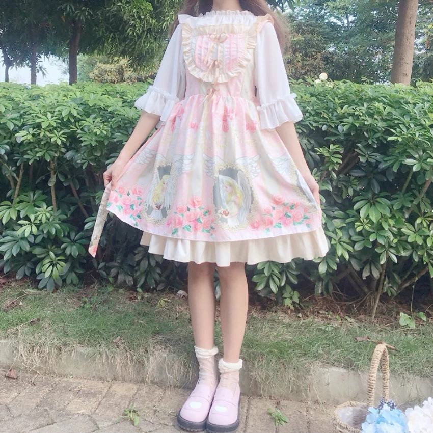 

Japanese European Style Tea Party Grils Lolita Dress Luxury JSK Court Gothic Princess Chiffon Women Petal Sleeve Maid Costume