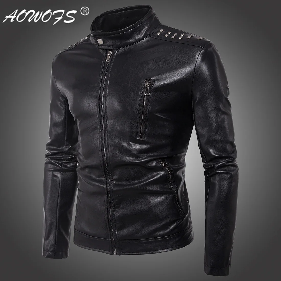 Ouma AliExpress Aowofs мужское локомотивное кожаное пальто с заклепками красивая кожаная куртка пальто B007