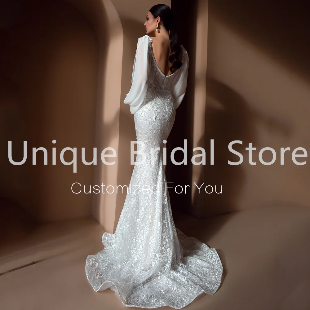 Customized Sexy Lace White Mermaid Wedding Dresses Sweetheart Detachable Puffy Sleeves Sweep Train Elegant Wedding G 2