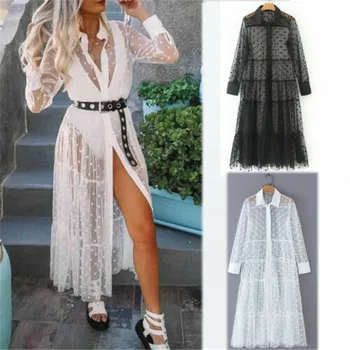 

2020 Feminino Women Summer Transparent Beach Dress Cover-up Swimwear Mesh Sheer Lace Maxi Dress Ladies See-through Sundress
