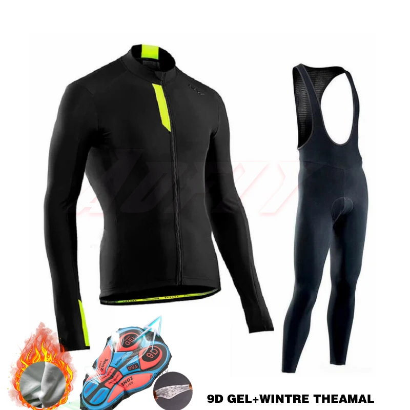 Wool black strap set 2019NW флуоресцентная зеленая Зимняя Теплая Флисовая велосипедная одежда, мужская Трикотажная одежда, костюм для езды на велосипеде, MTB, одежда, комбинезон, комплект - Цвет: Wool black strap set