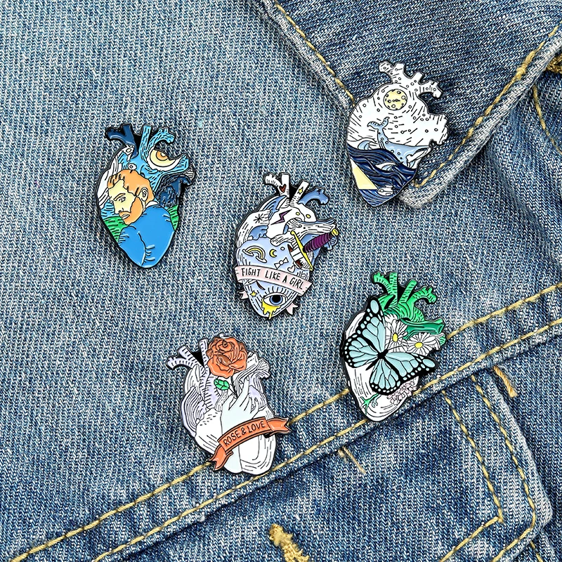 Anatomical Human Heart Enamel Pins Oil Painting Ocean World Butterfly Rose Love Rainbow Heart Brooches Lapel Pin Badge Jewelry