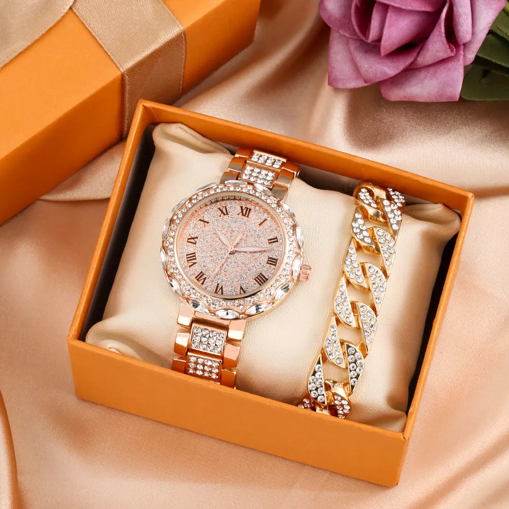 

Luxury Women's Diamond Watch Bracelet Set Ladies Rose Gold Band Quartz Wristwatch Elegant Female Watches 2PCS Sets Reloj Mujer