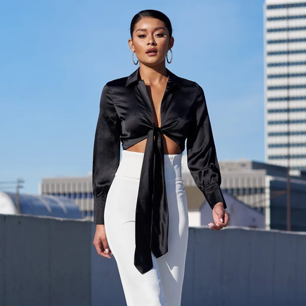 

VZFF Blusas Mujer De Moda 2019 New V-neck Satin Top Spring and Autumn Long-sleeved Tie Knot Bottom Shirt Women's Clothing