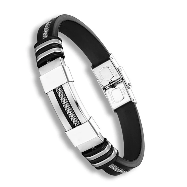 Classic Black Leather Wrap Bracelet for Men Metal Magnetic Clasp Fashion Bangle Bracelet Birthday Gift A11165-Silver-21cm