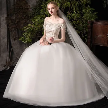 

Off the Shoulder Wedding Dress Korean Bride Plus Size Dress Boat Neck Wedding Dress Appliques Vestido De Noiva