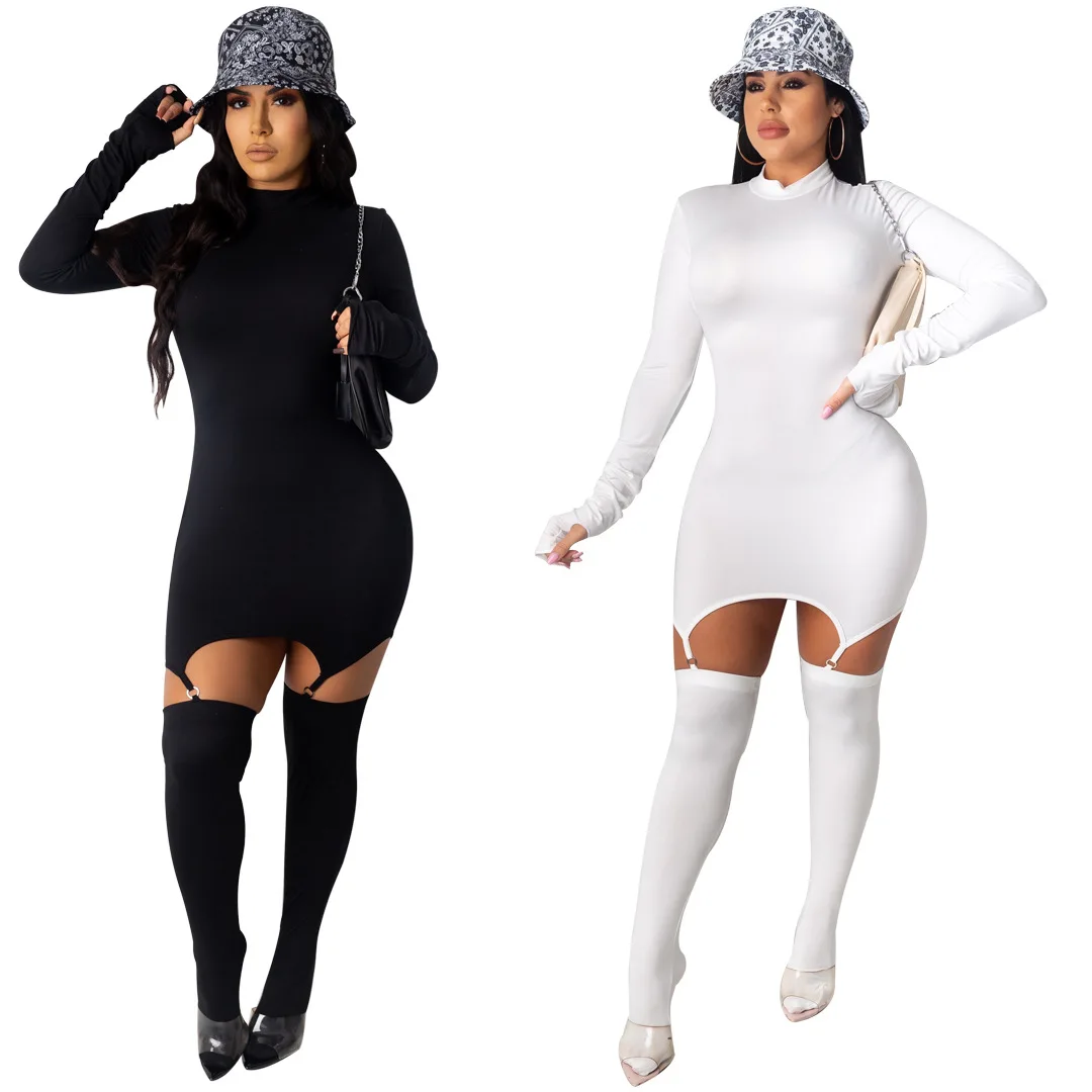 2021 New Women's Dress with High Round Neck Zipper Long Sleeves Gloves and Socks