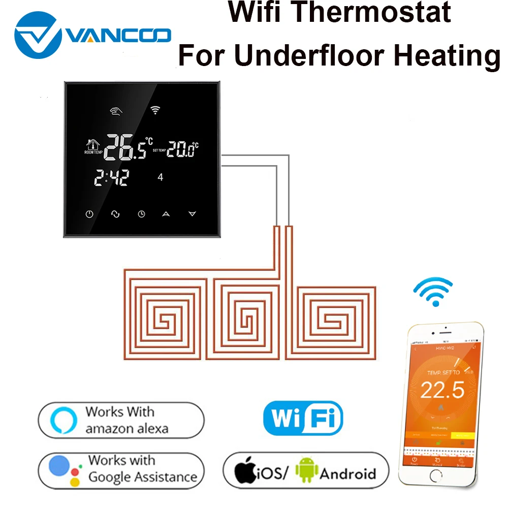 

WiFi Thermostat Temperature Controller LCD Touch Screen Display for Electric Floor Heating Works with Alexa Google Home 16A