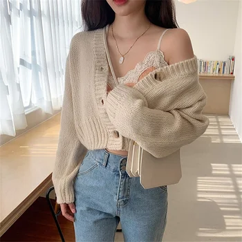 Image of Autumn Winter Thick Knitted Cropped Cardigans Women Loose V Neck Sweater Purple Button Cardigan Knitwear Jacket