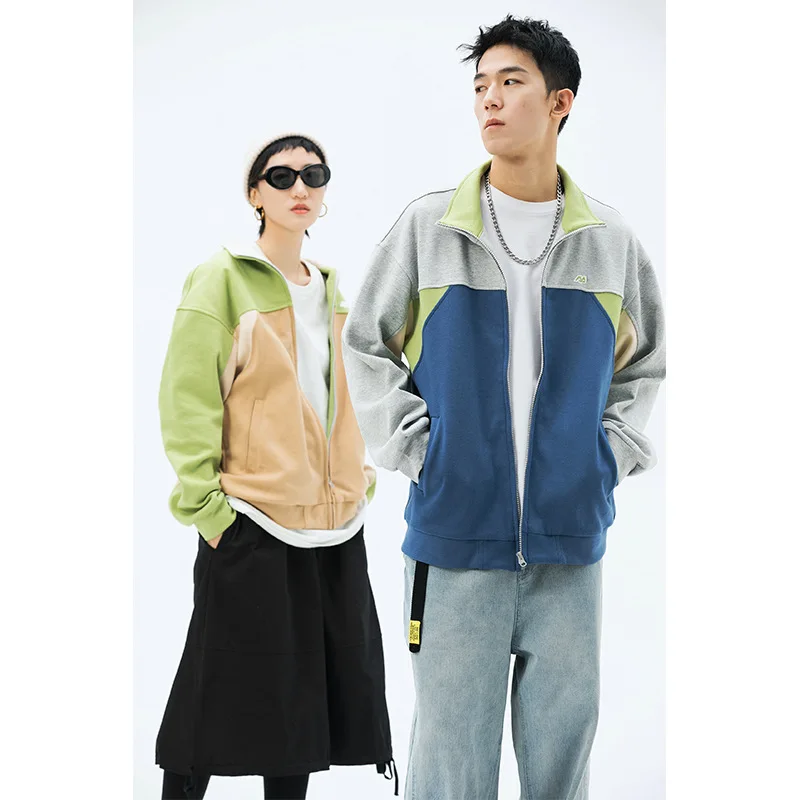 

Wu Navigation Retro Color Matching Stand Collar Coat Men And Women-Spring INS Popular Brand Loose-Fit College Style Couples Jack