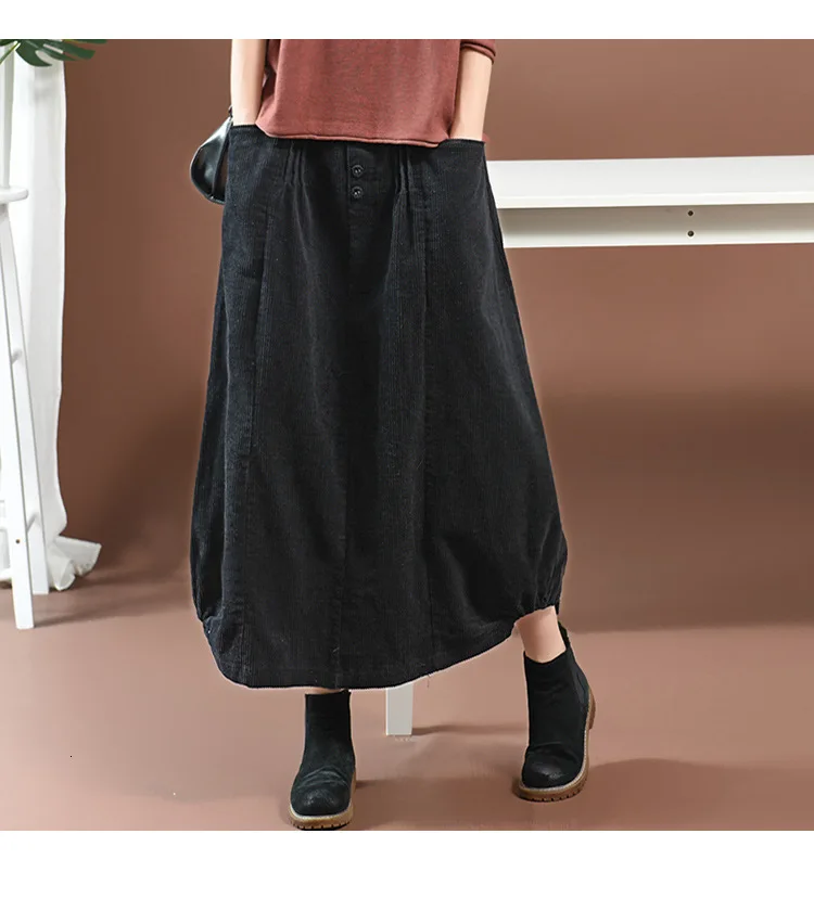 NINI WONDERLAND Осенняя Классическая Вельветовая юбка женская однотонная винтажная длинная юбка женская юбка трапециевидной формы с эластичной резинкой на талии большой размер - Цвет: black