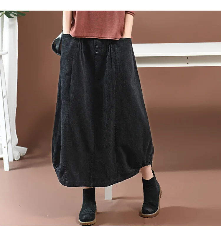 black NINI WONDERLAND Осенняя Классическая Вельветовая юбка женская однотонная винтажная длинная юбка женская юбка трапециевидной формы с эластичной резинкой на талии большой размер - Цвет: black