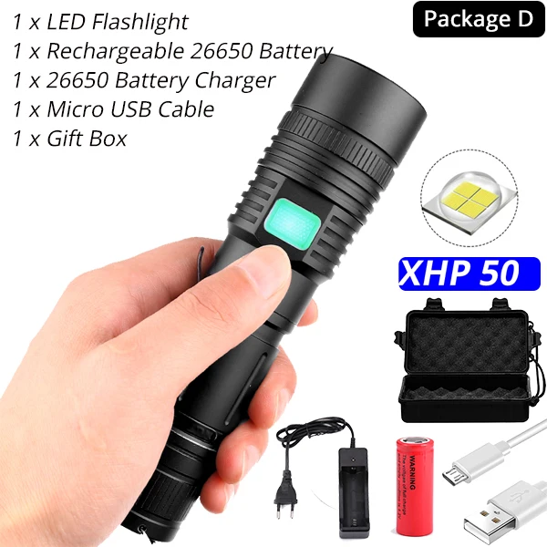 XHP70.2 самый мощный фонарик XHP50 USB Zoom СВЕТОДИОДНЫЙ Фонарь Xlamp тактический охотничий фонарь 18650 26650 для самообороны - Emitting Color: Package D