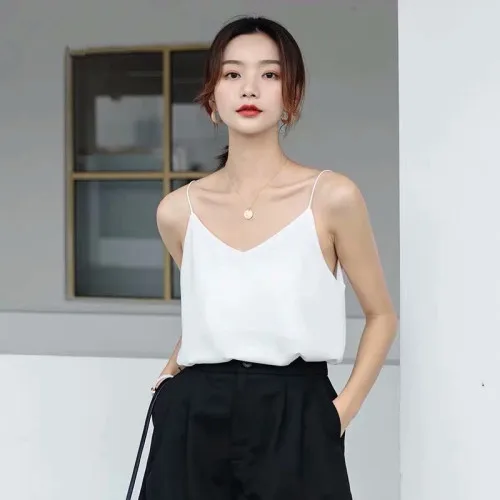 Korean Chiffon Top Women Woman V-neck Satin Tank Top Woman Sleeveless Vest Tops Tees Loose Sexy Women White Top Ladies Camis 203-White