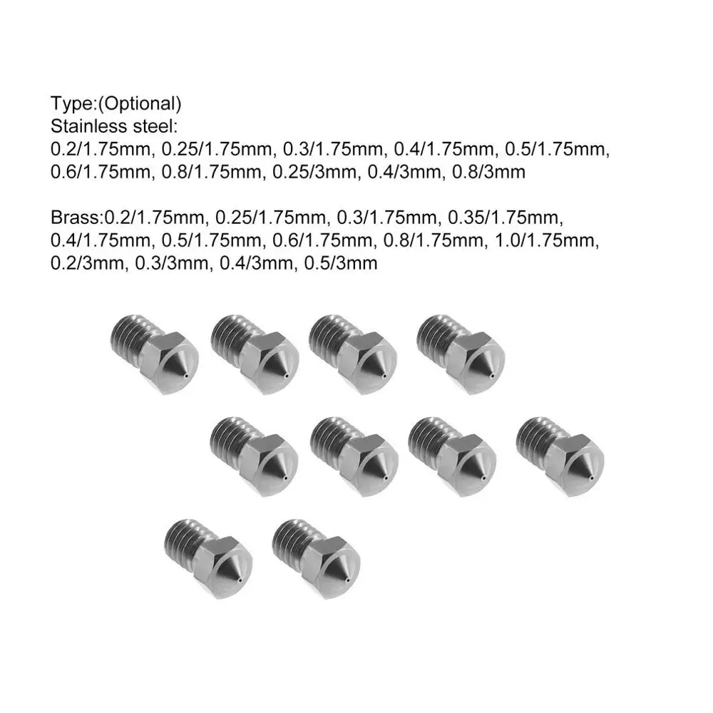 10 шт./лот E3D M6 насадки V5 V6 Металлическая Насадка 0,2/0,25/0,3/0,4/0,5/0,6/0,8/1,0 мм для 1,75 мм/3 мм нить 3D-принтеры Запчасти