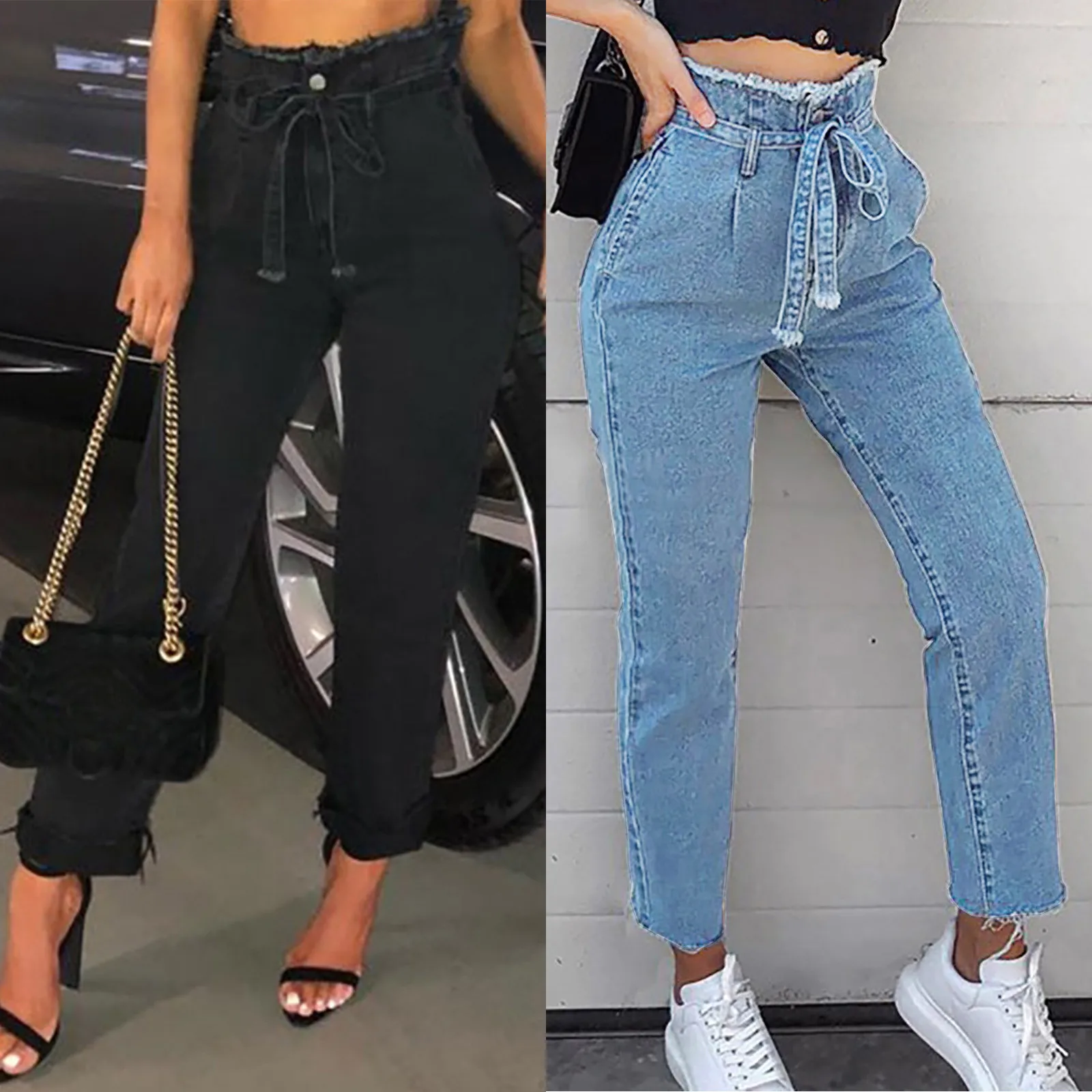 90s Streetwear Sashes High Waist Jeans Women Aesthetic Denim Trousers Street Outfits fashion Girl Straight Pants Blue Black