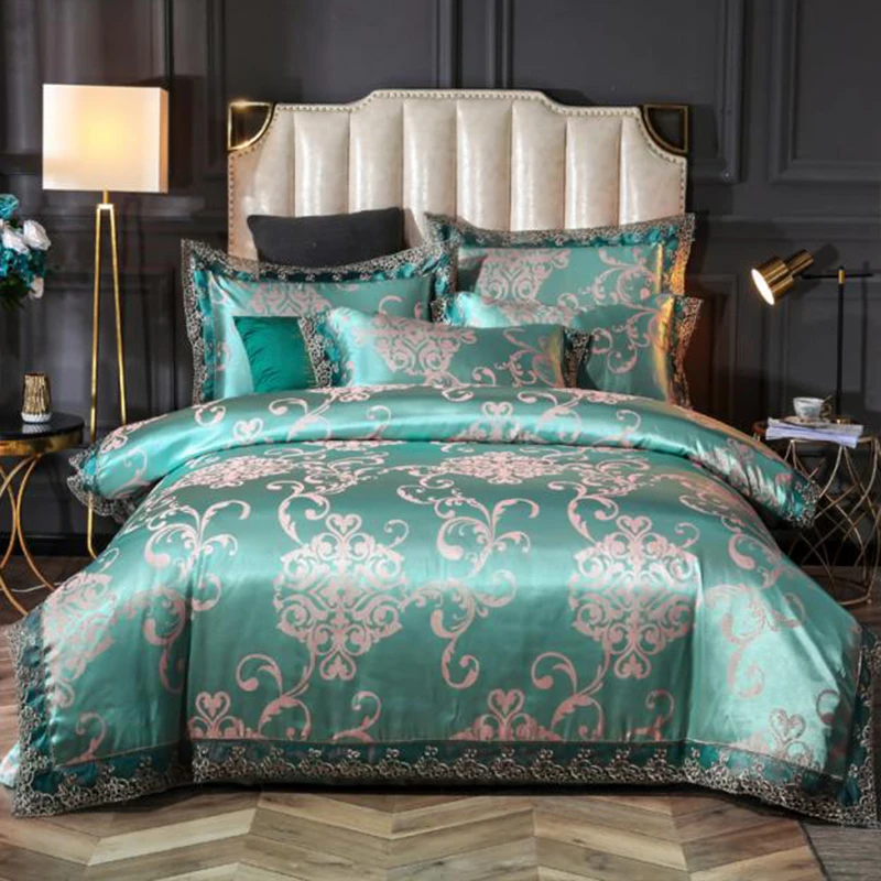 

SILIKOLOVE 4pcs/Set Satin Jacquard Silk Comforter Luxury Bedding Sets Duvet Cover Set Bed Linen Linings Wedding Home Textile