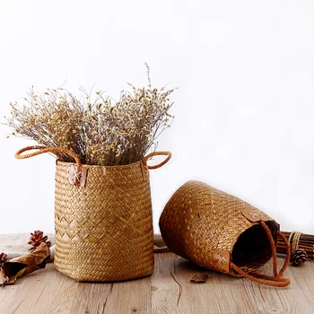

S/L Pcs Natural Seagrass Woven Flower Basket Pot Vase Laundry Baskets Home Storage Baskets Organizer With Handle Decoration
