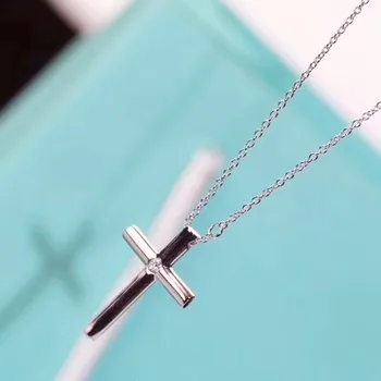 

TSHOU256 Female Crystal Zircon Necklace Fashion Cross Style Pendant Necklace Big 925 Sterling Silver Choker Necklaces