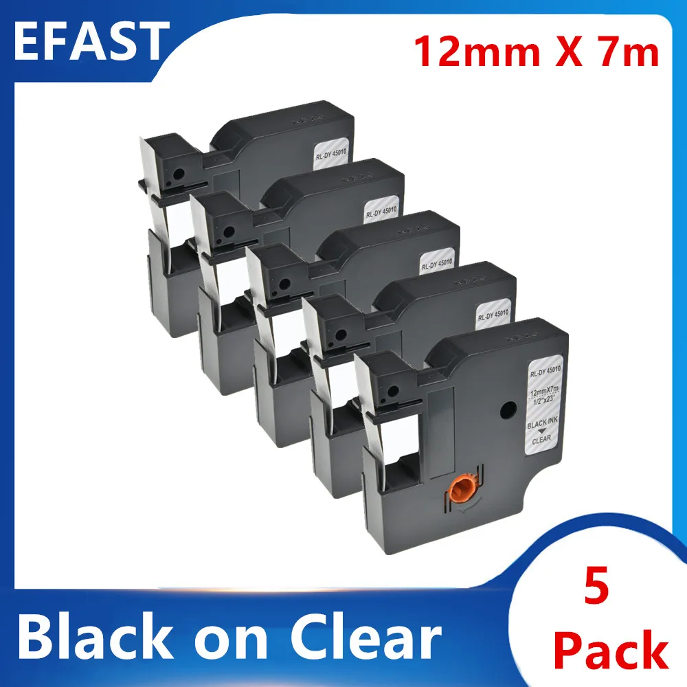 5PK 45010 Label Tape Black on Clear Compatible with DYMO LabelManager