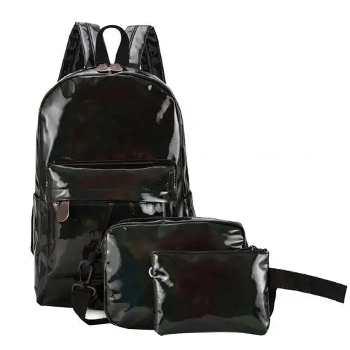 3Pcs/Set Fashion Bags For Women Student Solid Color Shiny Leather Backpack Shoulder Bag Clutches Mochila Mujer Zaino Rugzak - Цвет: Черный