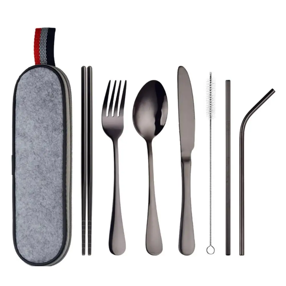 Набор посуды 8 шт., набор столовых приборов для путешествий, походная посуда, многоразовый набор посуды с ложкой, вилкой, палочками для еды, соломенный портативный чехол