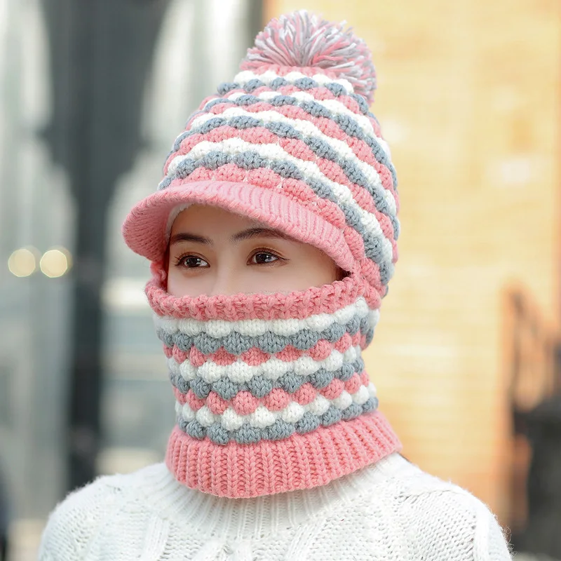 pink hat Модная зимняя шапка, шарф, комплект для женщин, теплая шапка бини для девочек, кольцо, шарф, помпоны, зимние шапки, вязаные шапки, шарф, комплект - Цвет: pink hat