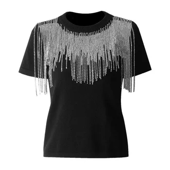 

DEAT 2020 New Spring Summer Round Neck Short Sleeve Black Rhinestone Split Joint Loose T-shirt Women Fashion Tide JO654