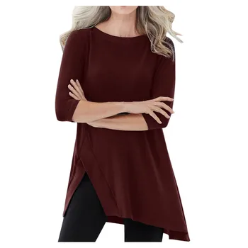 

Women Irregular Blouse New Round Neck Half Sleeve Split Hem Solid Color Pullover Spring Summer Fashion Casual Sexy Shirt