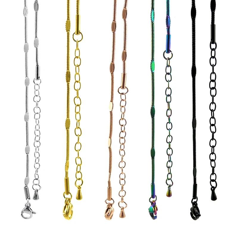 

10 Pcs/Lot 55cm+5cm Extra Chain Snake Chain with Lobster Clasp 316L Stainless Steel Snake Chain Steel, Rainbow Color, Black