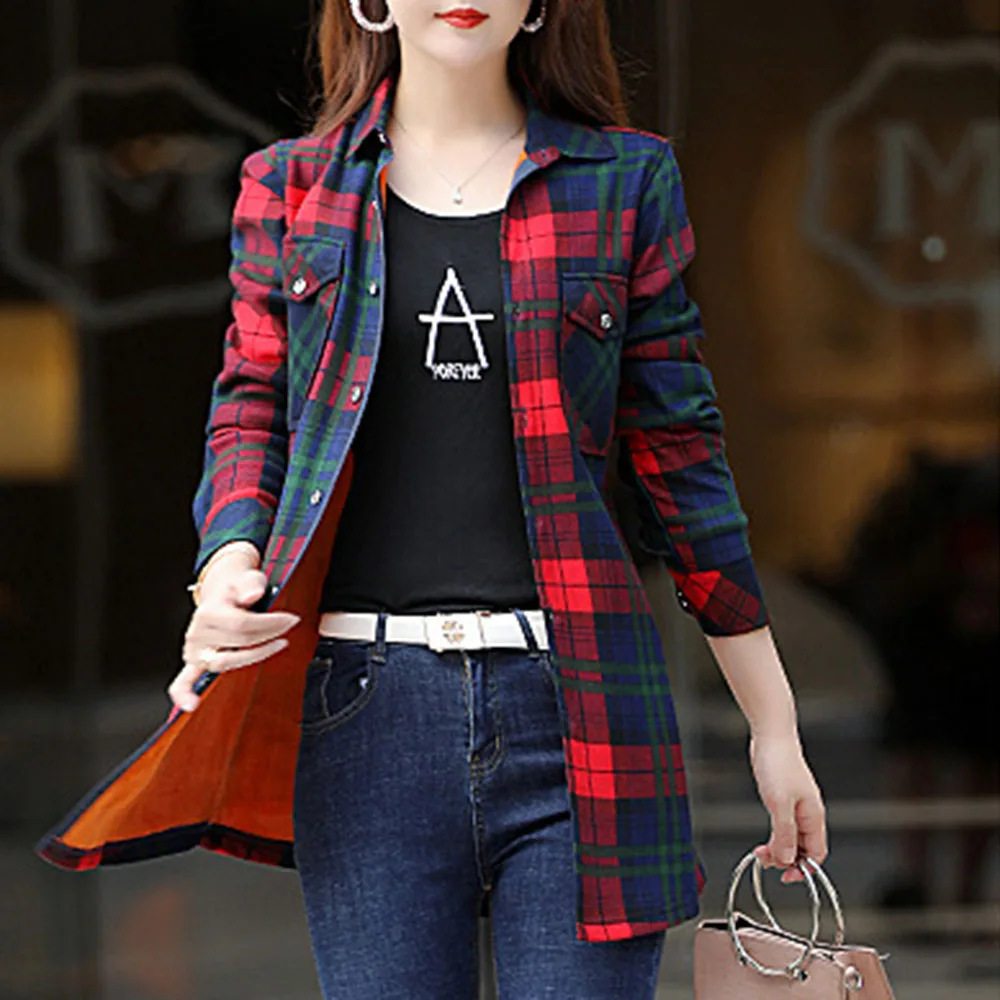 Warm Fleece Winter Blouse Shirt Thicken Fashion Plaid Vintage Office Basic Tops Ladies Blouses Long Sleeve Casual Shirts