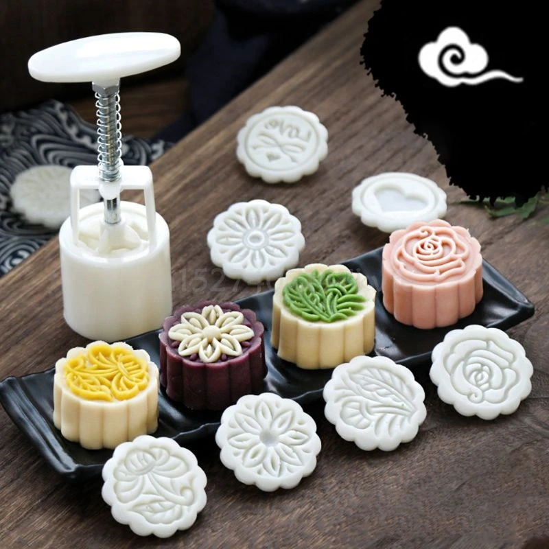 6 Flower Stamps DIY Baking Pastry Round Moon Cake Mould Tool 50g Mooncake Mold 