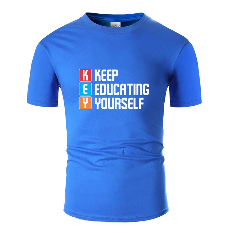 Men-Blue Футболка с мотивационным принтом «keep educing yourself», мужская, женская, семейная, homme, Мужская футболка, Веселый хипстер, евро - Цвет: Men-Blue