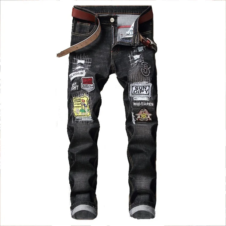 Men Embroidered Jeans Fashion Patchwork Embroidered Jean Trousers Stretchy Hip Hop style Denim Men Casual Pants
