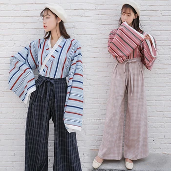 

Japanese Style Traditional Clothing Kimono Cosplay for Women Kawaii Girl Streetwear Fashion Haori Stripe Top Plaid Pants Suit