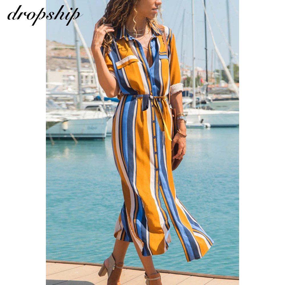 Short Sleeve Shirt Dress 2019 Summer Chiffon Boho Beach Dress Women Casual Striped Print A-line Party Maxi Long Dresses Vestidos