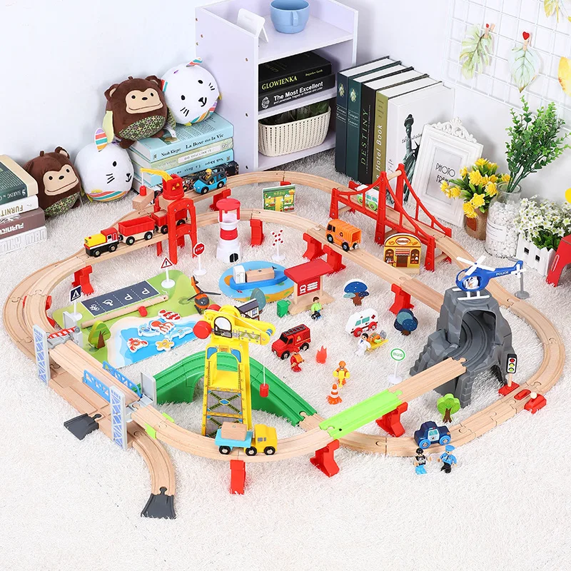 US $128.98 Coastal Town Wooden Train Track Toy Set Wooden Railway Toys Magical Magnetic Railway Bridge Accessories Toys For Children