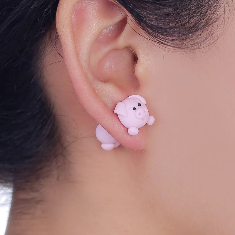 Women Stud Earrings Jewelry Cute 3D Cartoon Animal Fox Cat Polymer Clay Ear UP
