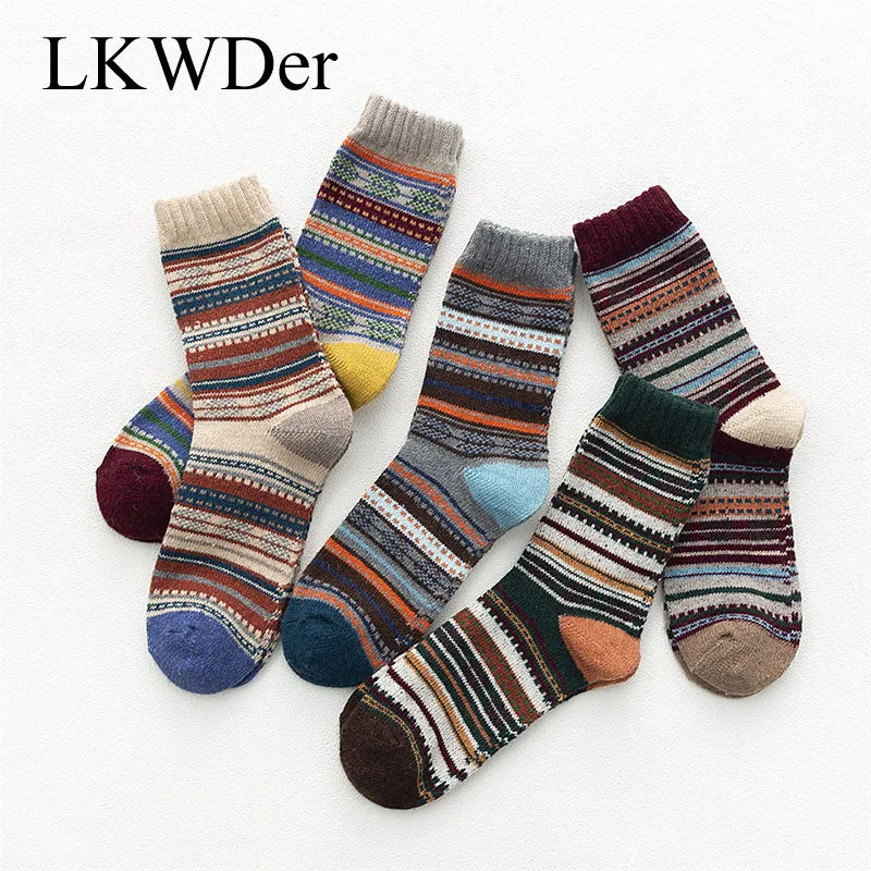 LKWDer, 5 пар, зимние, новые, мужские, толстые, теплые, Harajuku, Ретро стиль, высокое качество, в полоску, модные, шерстяные, повседневные носки, Meias Calcetines Hombre