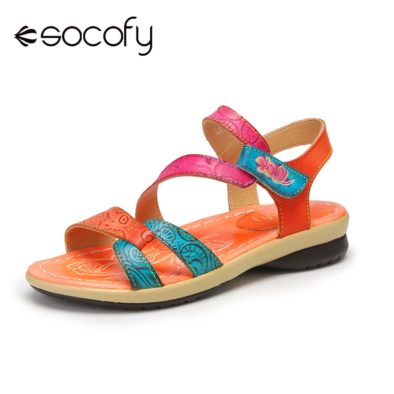 SOCOFY Women Colorblock Printed Sandals Genuine Leather Adjustable Hook Loop Shoes Round Toe