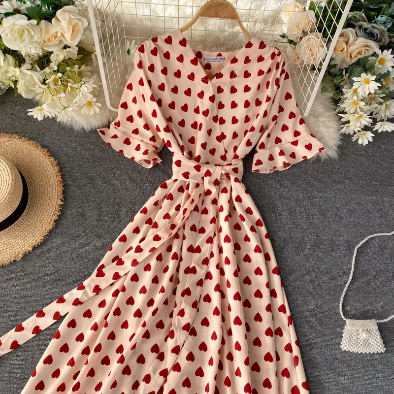 Slim 2020 Vintage Love Heart Print V Neck Bandage Dress Summer Midi Long Party Women high waist Vestido de festa elegant dress