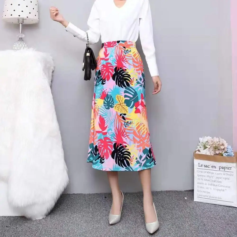 Women High Waist A-Line Skirt Cartoon Print Chic Hip Jupes Falad Summer Streetwear Elastic Bohemian Midi Skirts Waist Plus Size