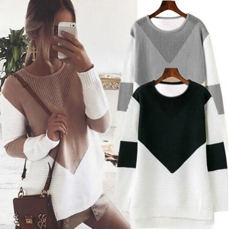 

Women Sweaters 2019 Winter Casual Splice Color O Neck Loose Female Knitted Pullover Fashion Warm Long Sleeve Women Jumper Tops