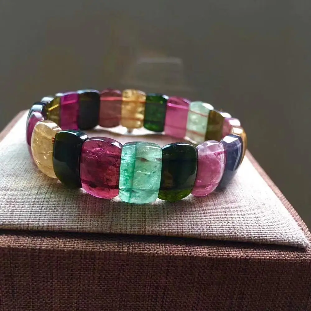 

Natural Brazil Colorful Tourmaline Bangle Bracelet Women Men Love Gift Stretch Beads Stone Stretch 16x10mm AAAAA