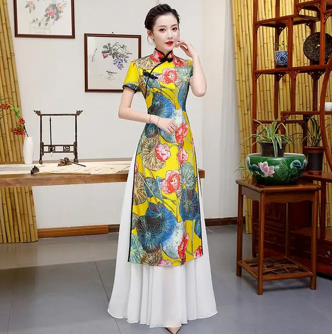 Желтый плюс размер 5XL Китайский традиционный Женский Aodai Qipao с цветочным принтом винтажный Чонсам Новинка китайское торжественное платье - Цвет: yellow C