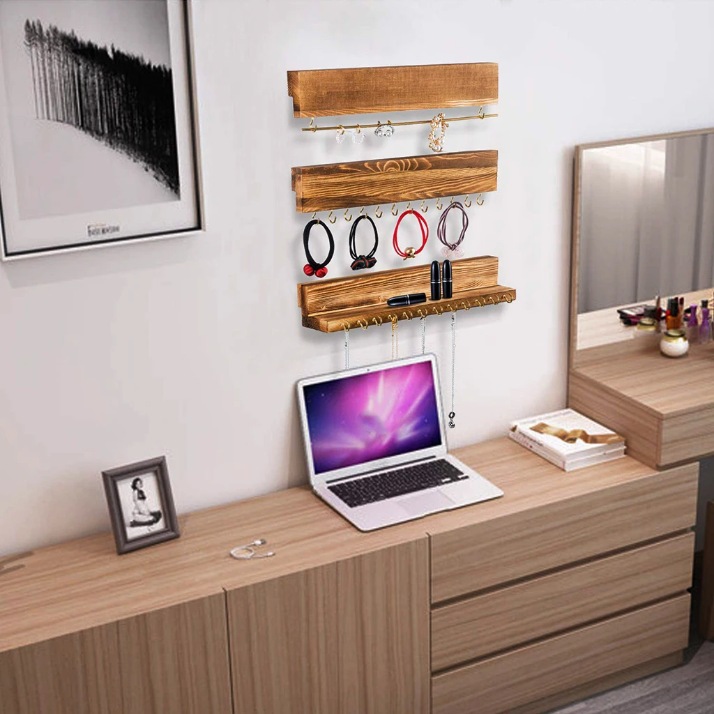 3Pcs Wall Mounted Jewelry Organizer, Rustic Wood Rack for Earring, Bracelet and Necklace Holder - Jewelry Hanger Rack Set