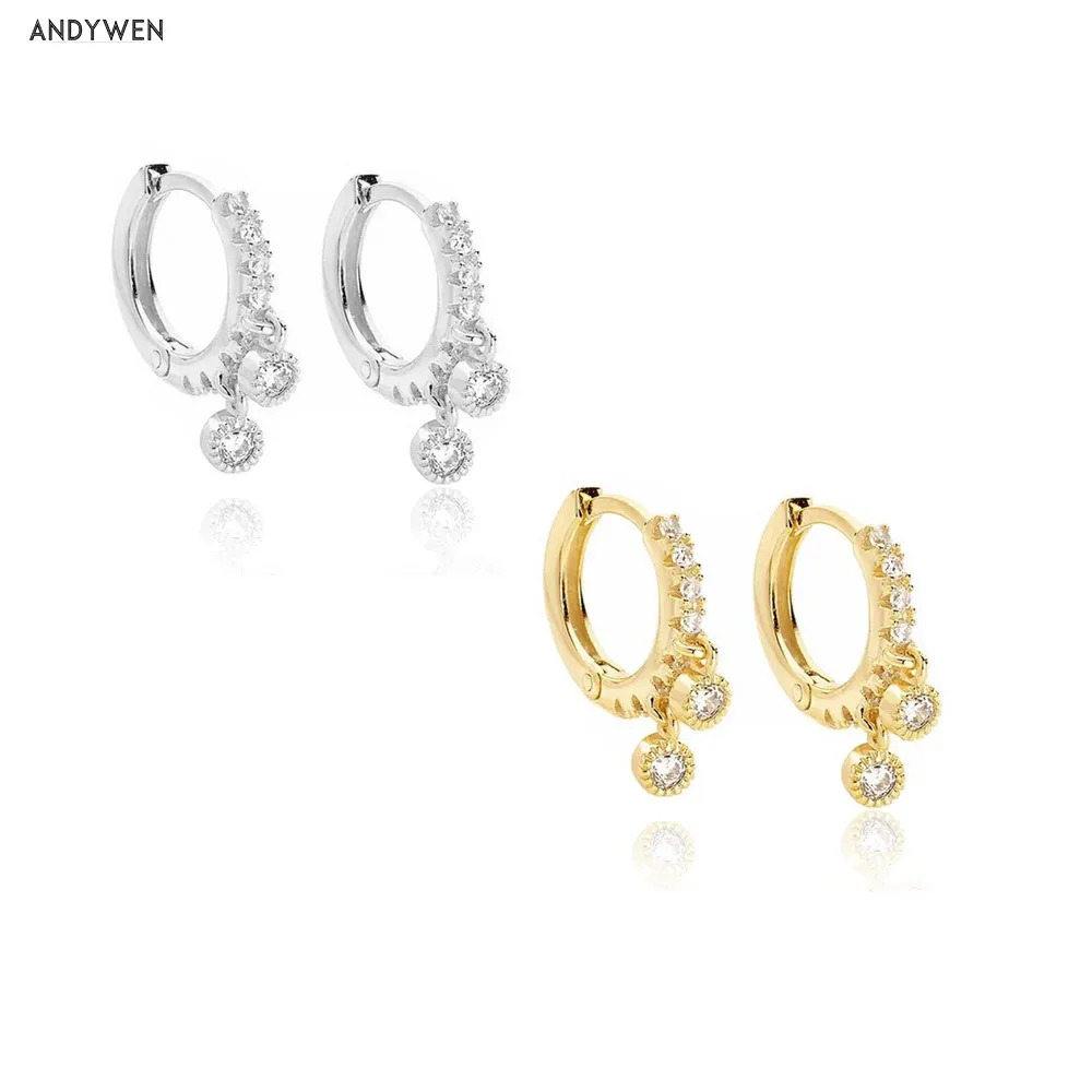 ANDYWEN 925 Sterling Silver 7.5mm Piercing Clips Hoops Mini Huggies Zircon CZ Rings Circles Charms Pendientes Crein Earrings | Украшения и
