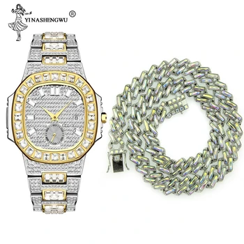 

Hip Hop Gold Color Iced Out 24Inch Paved Rhinestones Geometric Square Necklaces & Watch CZ Bling Cuban Chain Men Rapper Jewelry