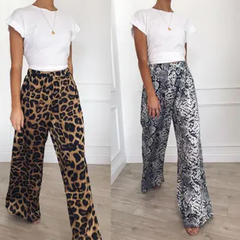 

2020 New Women Loose Flared Wide Leg Pants Female Leopard Snake Print High Waist Loose Long Trousers Female Long Pants Bottoms