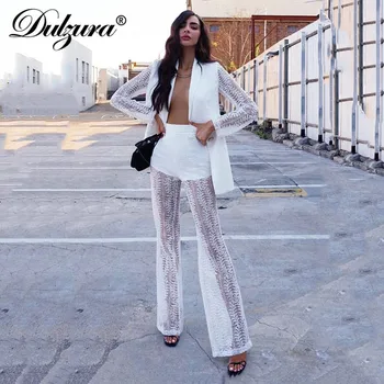 

Dulzura lace patchwork women blazer two piece set pants coats sexy print button streetwear 2020 summer clothes outfit office OL
